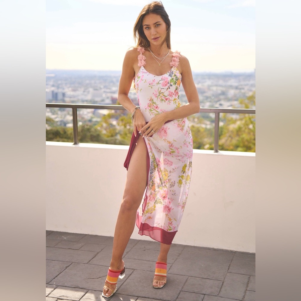 White floral swim suit with wrap skirt